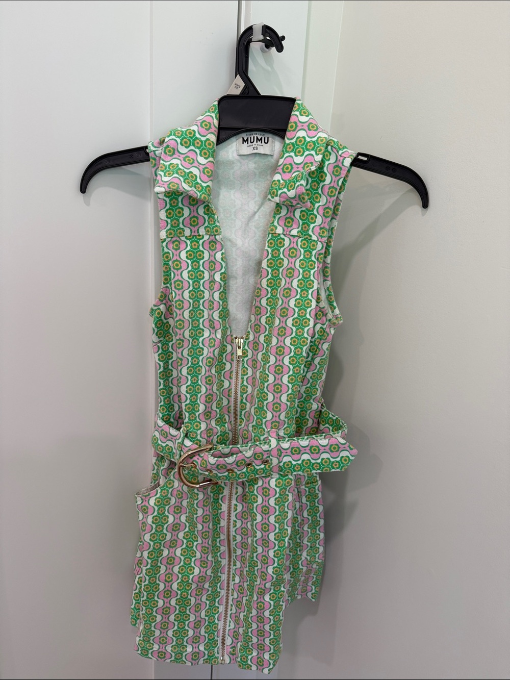 Show Me Your MuMu Green & Pink Zip-Front Belted Mini Dress